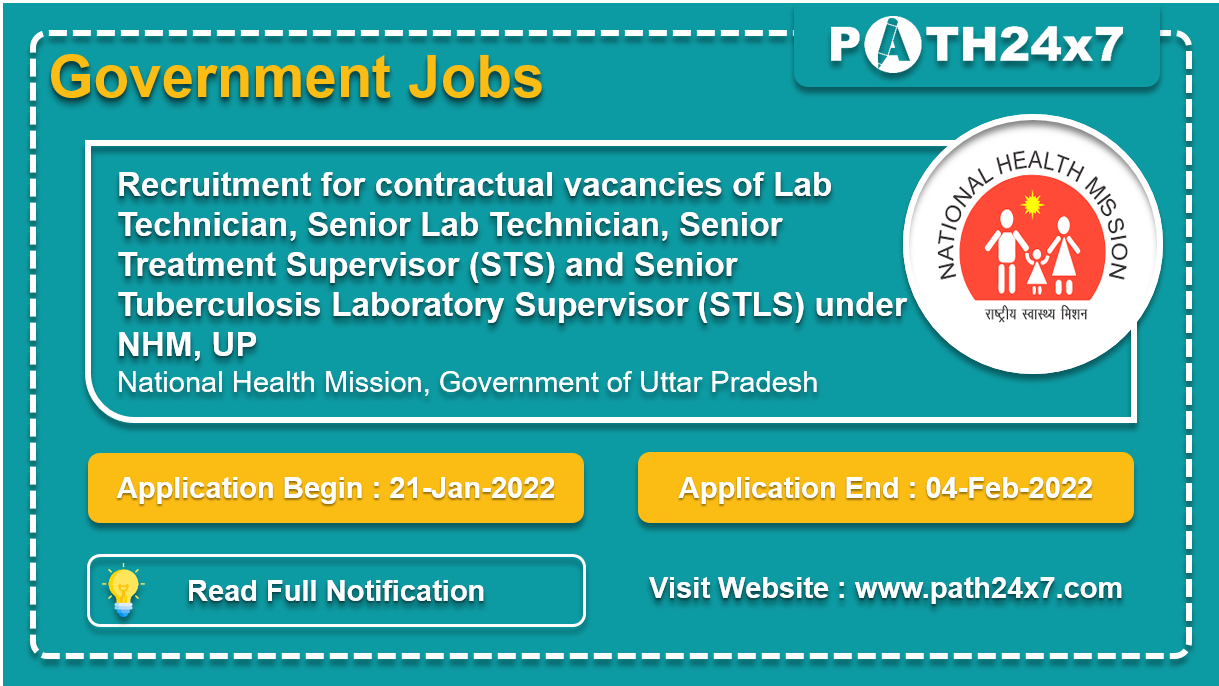 Contractual vacancies of Lab and Senior Lab Technician, Senior Treatment Supervisor (STS) and Senior Tuberculosis Laboratory Supervisor (STLS) under NHM, UP | No. of Vacancies - 2980 | National Health Mission, Government of Uttar Pradesh